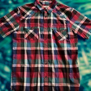 Vans Button Up Shirt Mens Size L Red Blue Plaid Off The Wall Short Sleeve